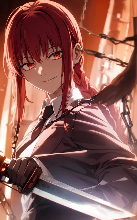 makima \(chainsaw man\), best quality, ultra detailed, 1girl, solo, standing, red hair, long braided hair, golden eyes, bangs, m...