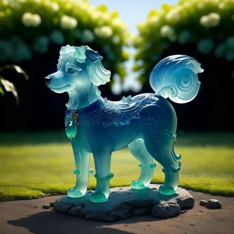 there is a blue dog statue on a rock in the grass