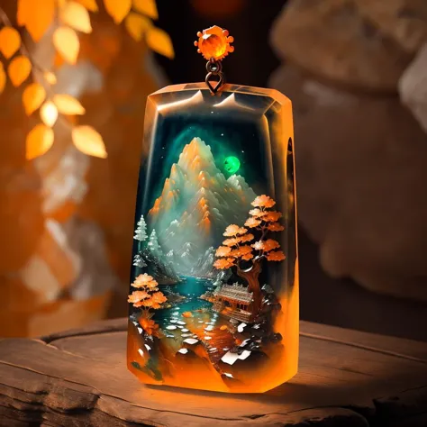 there is a glass vase with a picture of a mountain and trees inside