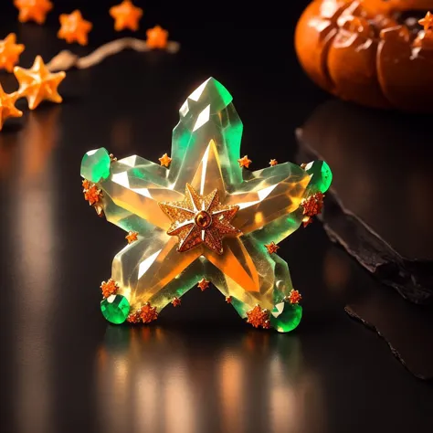 there is a green and yellow star brooch on a table