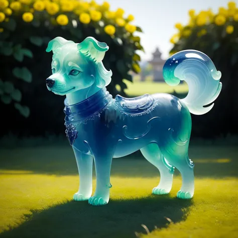 there is a blue dog statue on a green lawn