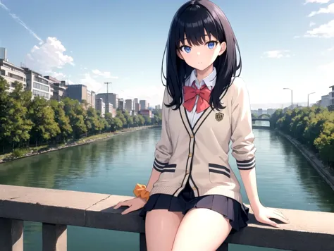 masterpiece, best quality, dsrikka, black hair, long hair, blue eyes, cardigan, microskirt, red bowtie, school uniform, orange wrist scrunchie, sitting, bridge, river, detailed sky, cowboy shot
<lyco:dsrikka_lc_768:1>