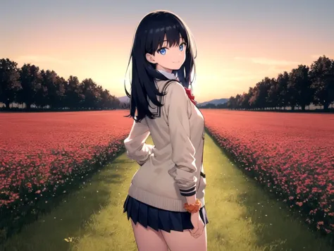 anime girl in a field of flowers with a sunset in the background