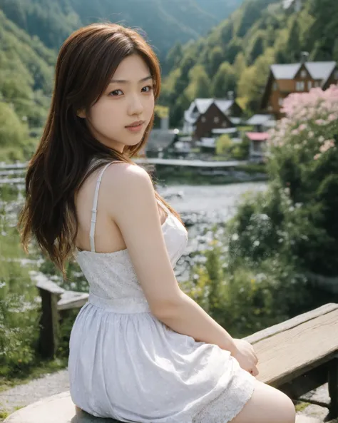 arafed asian woman sitting on a bench in a white dress