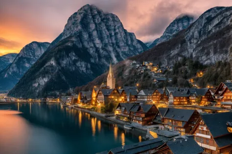 a photo of a town in hallstatt austria taken from afar. docks, shore, foggy mountains, tower, (lake:0.7) in background. (off cen...