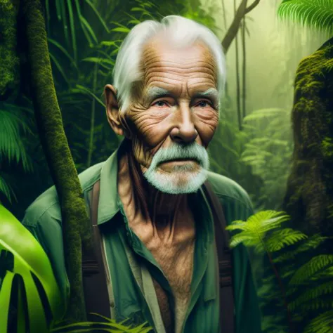 an old man with a beard and a green shirt in the jungle