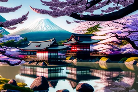 a painting of a mountain with a lake and a pagoda