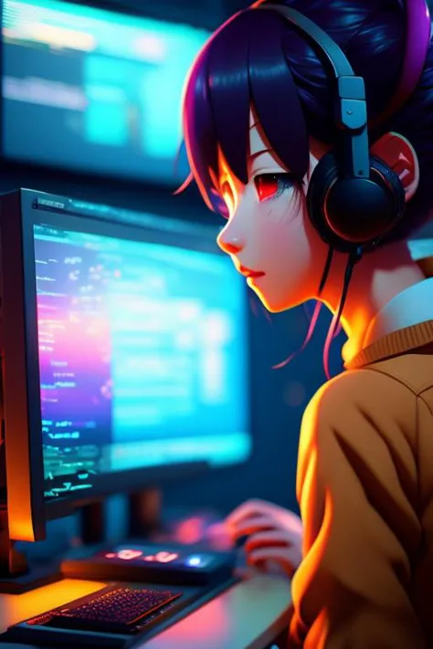 a woman with headphones sitting in front of a computer