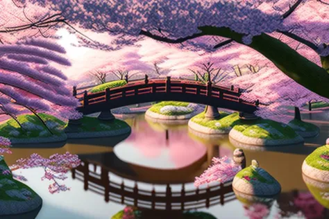 there is a painting of a bridge over a pond with flowers