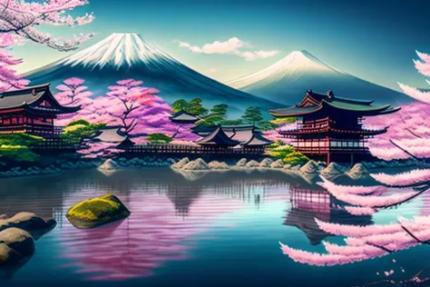 a painting of a mountain with a pagoda and a lake