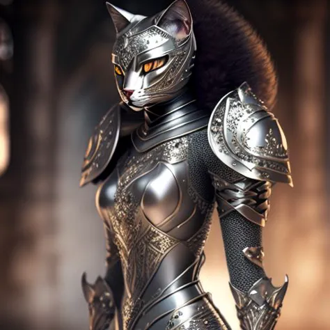 a close up of a woman in armor with a cat on her shoulder