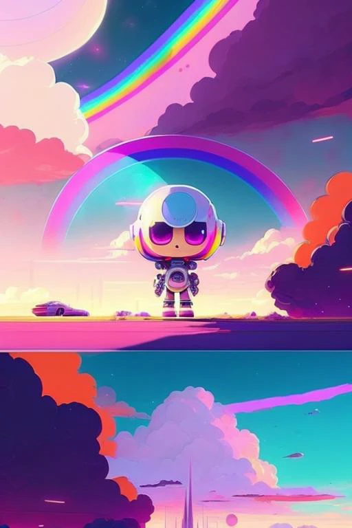 highly detailed portrait of a small, adorable robot with round shape, expressive eyes and a friendly smile. It has a cheerful, bright color scheme, with a mix of pastel blues, pinks, and purples, standing with its arms crossed holding a toy sword, surrounded by a swirling vortex of energy. The background is a colorful, cartoon-like landscape, with fluffy clouds and a rainbow. The background is a stark, metallic landscape, with a futuristic distopian cityscape visible in the distance. by atey ghailan, by eduard hopper, by greg tocchini, by james gilleard, grunge aesthetic graffiti