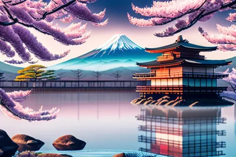 japanese onsen during sakura blooming, little river in the middle and Mount Fuji on the background, a Five-storied pagoda on the side, 4k, highly detailed, 16k, 8k, estilovintedois.