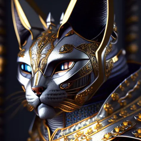 a close up of a cat wearing a armor outfit with blue eyes