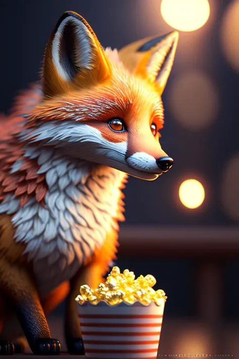 a close up of a toy fox sitting on a table with popcorn