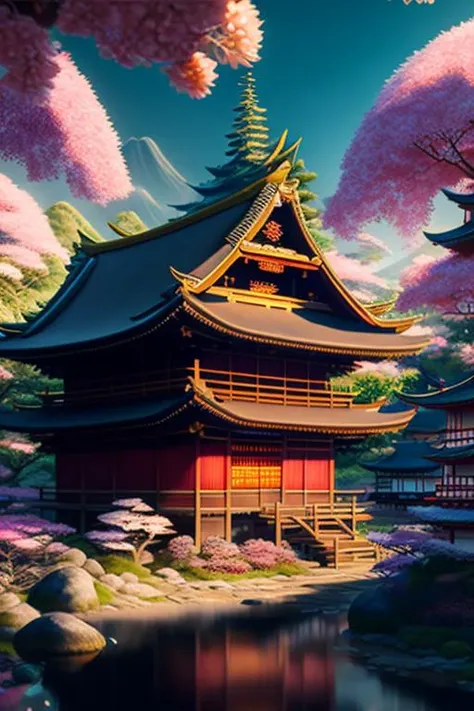 Japanese village in the 1700s with detailed and sharp focused architecture and flowers with cherry blossom trees  by Dan Mumford, estilovintedois,, cinematic, colorful background, concept art, dramatic lighting, high detail, highly detailed, hyper realistic, intricate, intricate sharp details, octane render, smooth, studio lighting, trending on artstation.