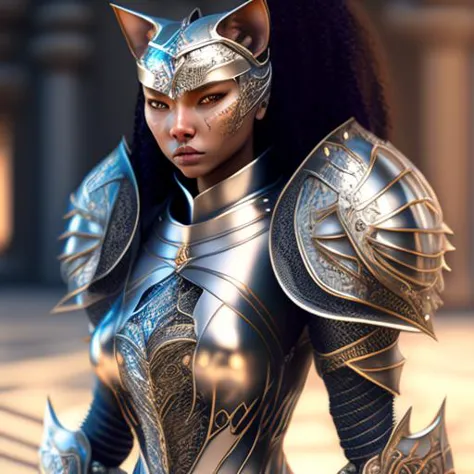 a close up of a woman in armor with a cat head