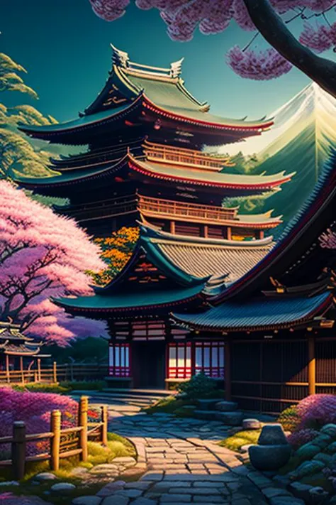 Japanese village in the 1700s with detailed and sharp focused architecture and flowers with cherry blossom trees  by Dan Mumford, estilovintedois,, cinematic, colorful background, concept art, dramatic lighting, high detail, highly detailed, hyper realistic, intricate, intricate sharp details, octane render, smooth, studio lighting, trending on artstation.