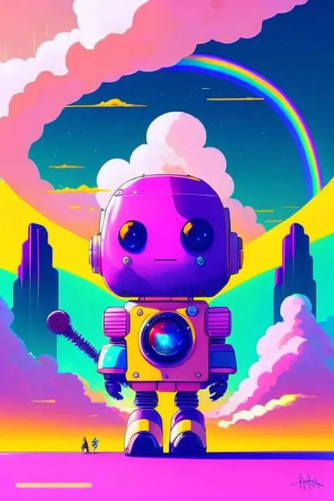 a cartoon robot standing in front of a rainbow colored sky