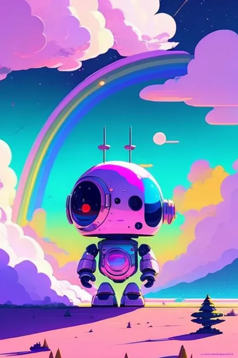 a cartoon robot standing on a desert with a rainbow in the background