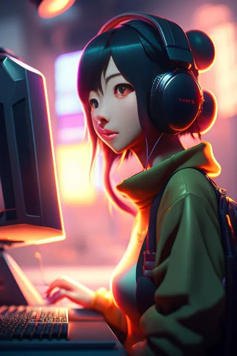 a girl with headphones on using a computer