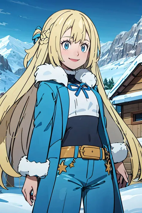 a woman in a blue outfit standing in front of a snowy mountain