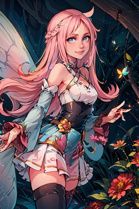 centered, award winning photo, (looking at viewer:1.2), |  flowers, forest, | bokeh, depth of field, cinematic composition, |  <lora:Tasi_AFK_Anime:0.5>,  long pink hair, fairy, fairy wings, long pink dress, thighhighs, smile, 
<lora:Marina_Lucce_Maxetto_OC_v2:0.8>, Marina_Lucce_Maxetto_OC, 1girl, solo, pink hair, very long hair, frilled choker, criss-cross halter, sleeveless dress, high-waist skirt, pink backless dress, waist bow, detached sleeves, frilled sleeves, wide sleeves,