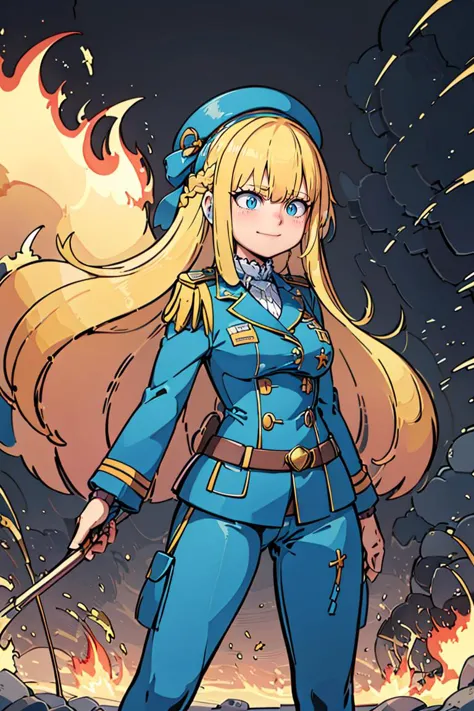 ((Meisterwerk,beste Qualität)),  Yachthafen_Lucca_Maxetto_oc, 1 Mädchen, Allein, blonde, Sehr langes Haar, französischer Zopf, blaues Haarband, Militär uniform, Militär, Soldat, belt, grüne Hose, Baskenmütze, braune Jacke, Zweiter Weltkrieg, war, Militär vehicle, Schlachtfield, Schlacht, Staub, Rauch, Verbrennung, Feuer, roter Himmel, Explosion, kontrastiert, böses Lächeln