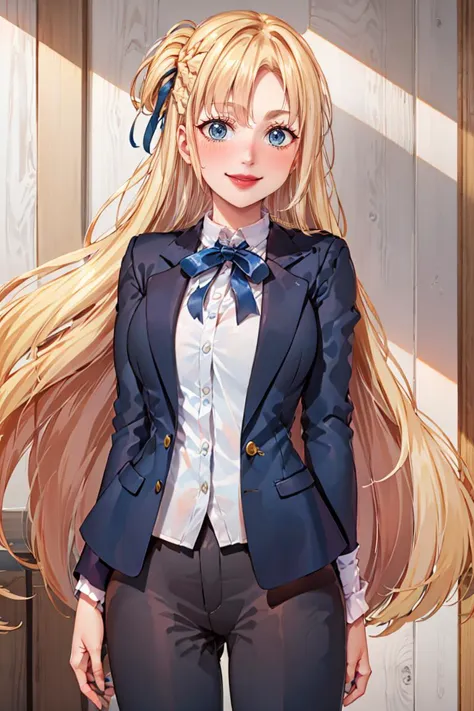 anime girl with long blonde hair wearing a blue jacket and bow tie