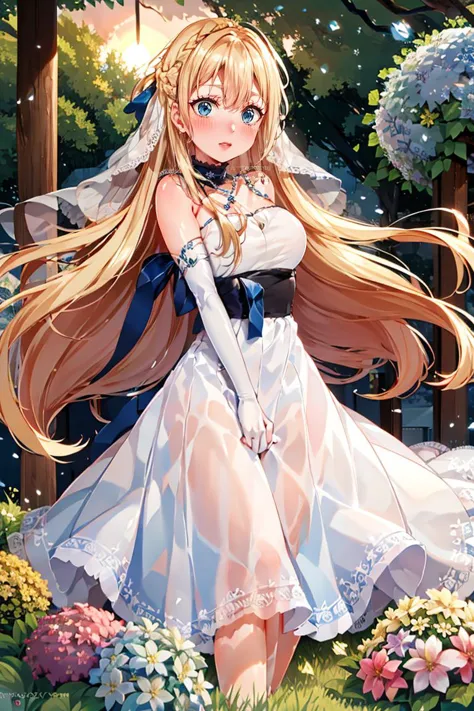 anime girl in a white dress with long blonde hair and blue eyes