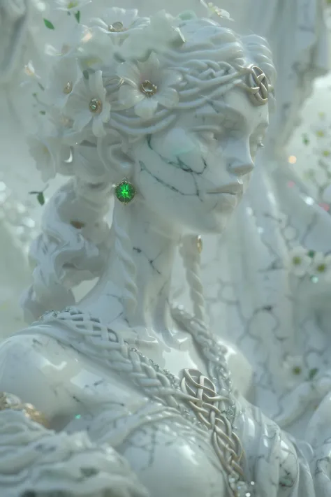 there is a statue of a woman with a green jewel in her hair