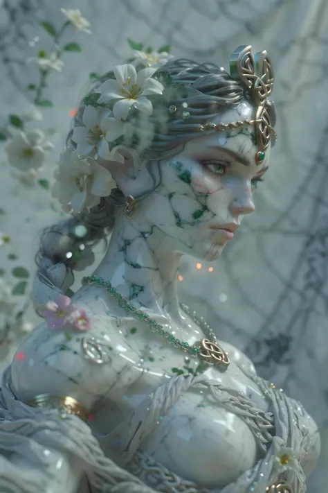 (abstract)++, ((celtic Goddess))++, flowers, celtic, ((wrapped in fabric))++,(glass and gems)++, ((mixed art styles))++, (cgi)++, powerful (movie poster), (cinematic lighting),((breathtaking))++,(detailed textures),(high resolution),(render), gritty, render, realistic, 4k, (photo realistic)++, ((bokeh background))++, ((white marble))++
 <lora:add-detail-xl:1> <lora:Cosine_freck:1>,Dutch Angle (from behind) view Extreme Distance shot