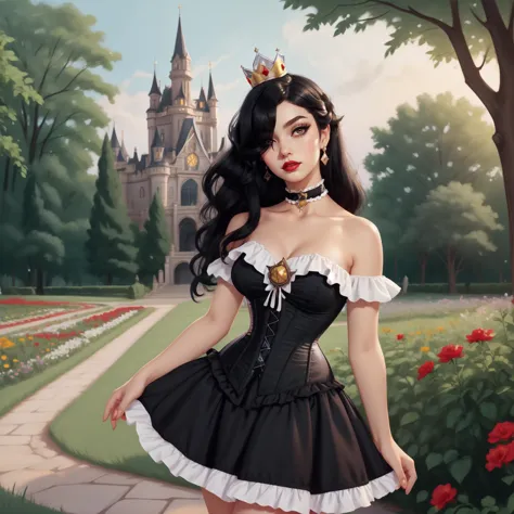 gothic,1girl, long black hair, hair over one eye, full body, hud_crst_prncss_drss, bare shoulders, black corset, off shoulder, short sleeves, black dress, short dress, frills, crown, choker, lipstick, high heels, makeup, <lora:corset_princess_sd15:0.7>, castle, garden, dead flowers