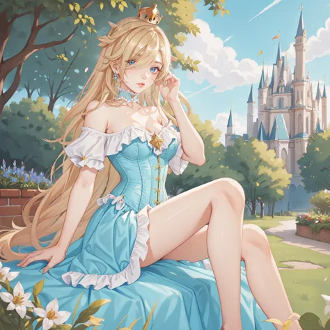 1girl, long blonde hair, hair over one eye, full body, hud_crst_prncss_drss, bare shoulders, blue corset, off shoulder, short sleeves, blue dress, short dress, frills, crown, choker, lipstick, high heels, <lora:corset_princess_sd15:0.7>, castle, garden