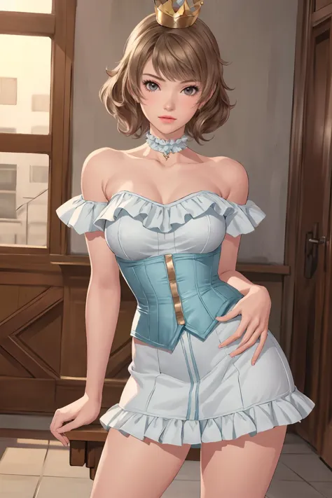 8k high quality detailed,highres,anime,comic,detailed image,
(an illustration of a teenage girl posing,(an illustration of girl,teenage girl)),(magazine_illustration,),
(, skp5,1girl,bangs,short curly hair,medium breasts),((Wistful Smile):0.7),detailed_face,
((Covering mouth with hands):0.8),
((, hud_crst_prncss_drss,hud_crst_prncss_drss,bare shoulders,blue corset,off shoulder,blue dress,short dress,frills,crown,choker,lipstick,high heels):0.85),(,realistic clothing texture,realistic_skin_texture),<lora:Sexy_beach-KK77-V1:0.55>,<lora:skp5-guy-v2:0.7>,<lora:corset_princess_sd15:0.45>,<lora:more_details:0.2>