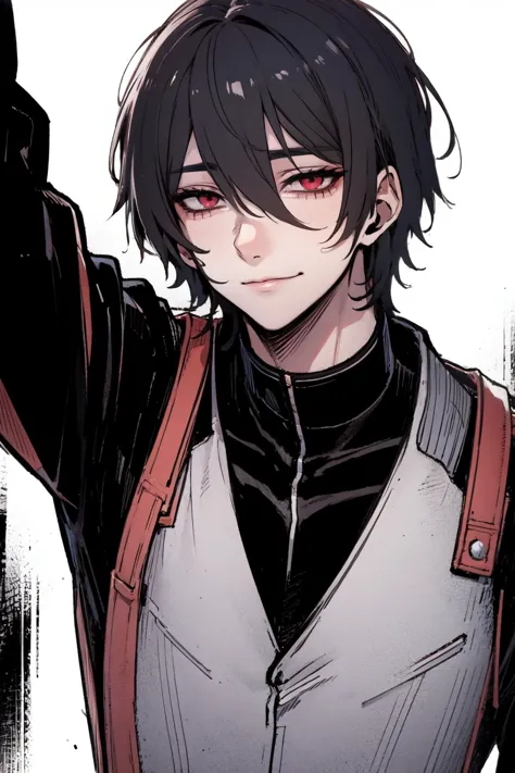 medium close-up,taller then viewer,highres, sharp focus, pixiv masterpiece, ((intricate details)), highly detailed, 1boy, upper body, kim_minsu, red eyes, black hair, bags under eyes, suit,evil smile,flirting with the viewer,solo, kabedon pov