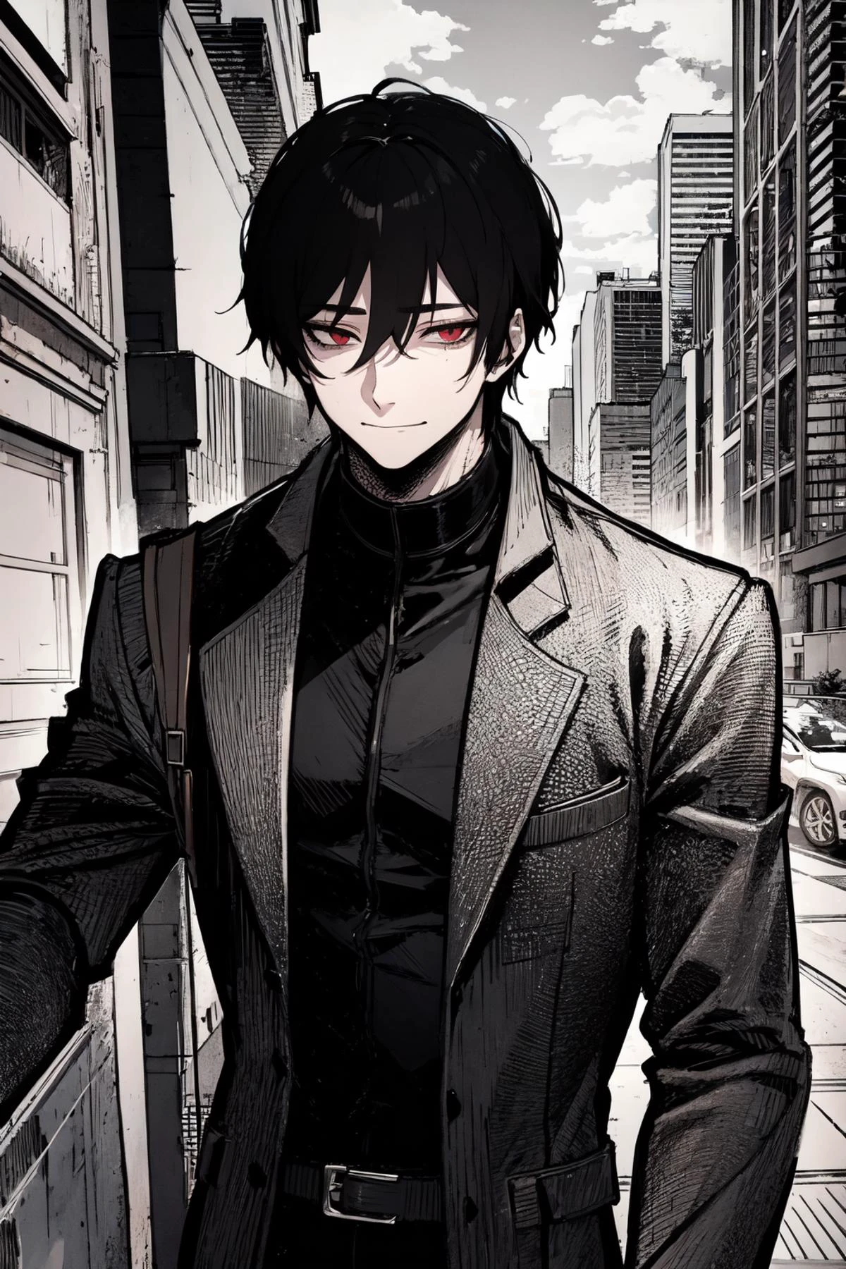 highres, sharp focus, pixiv masterpiece, ((intricate details)), highly detailed, 1boy, upper body, kim_minsu, red eyes, black hair, bags under eyes, suit,evil smile, 