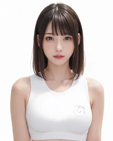 best quality, photorealistic, 8k, high res, 1girl, woman, (skindentation), (portrait:0.6), gorgeous, ((whitebackground, sport tanktop, small breast:1.72)), ((short straight hair, parted bangs:1.7)), looking at viewer,  (1girl eyes looking at viewer:1.6), photorealistic, (bokeh), (smile, closed mouth:1.3), gorgeous,  pureerosface_v1:1, <lora:GRAV-Enako:0.55>