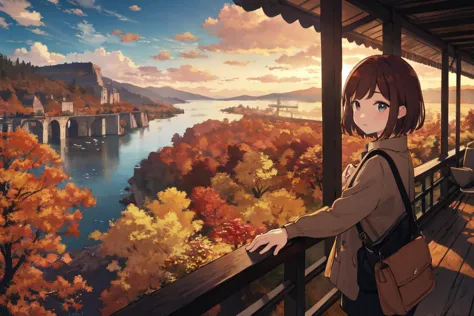 anime girl looking out over a river and bridge at sunset