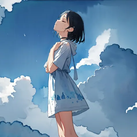 anime girl standing in the sky looking up at the sky