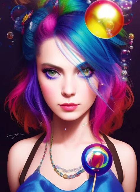 a woman with colorful hair and a lollipop in her hair