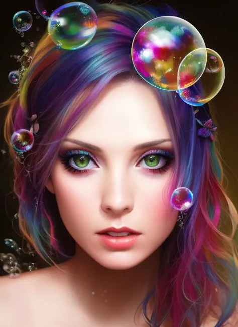 a woman with colorful hair and bubbles in her hair