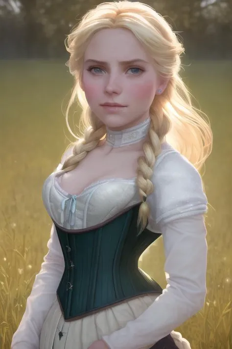 a woman in a green corset and white dress standing in a field