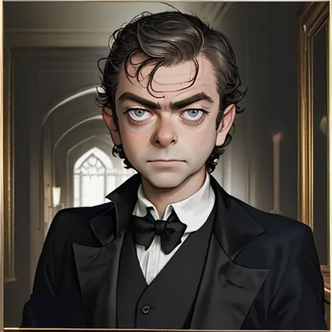 1boy, solo, (jude law|rowan atkinson), looking at the viewer, portrait, gothic interior