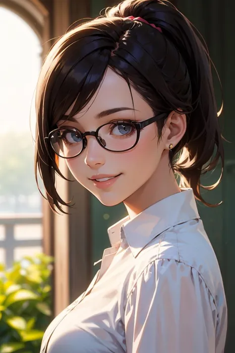 portrait, smiling at viewer, modelshoot style, solo female focus, 
youthful 1girl, medium brunette hair, ponytail, glasses, thin dress shirt, see-through, pencil skirt, glasses, parted lips,
sunny, backlit, 
ultra-realistic, volumetric lighting, blurred background, depth of field