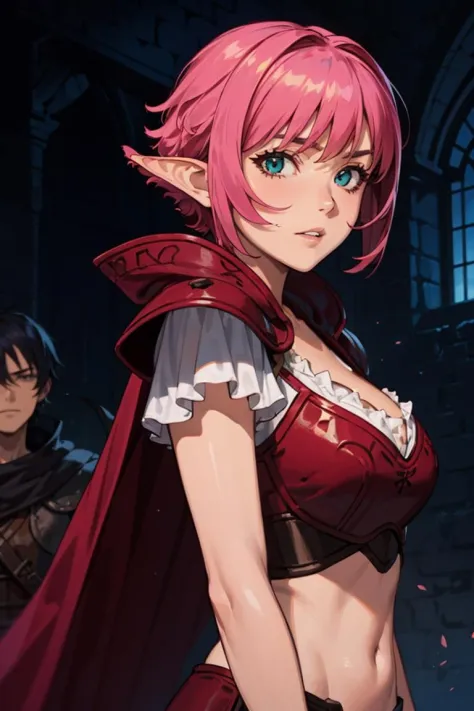 looking at viewer, facial focus, parted lips, portrait,
cala_viper, 1girl, blunt ends, short pink hair, medium breasts, armor, cloak, cleavage, midriff, 
grimy dark dungeon, blurred background, depth of field
 