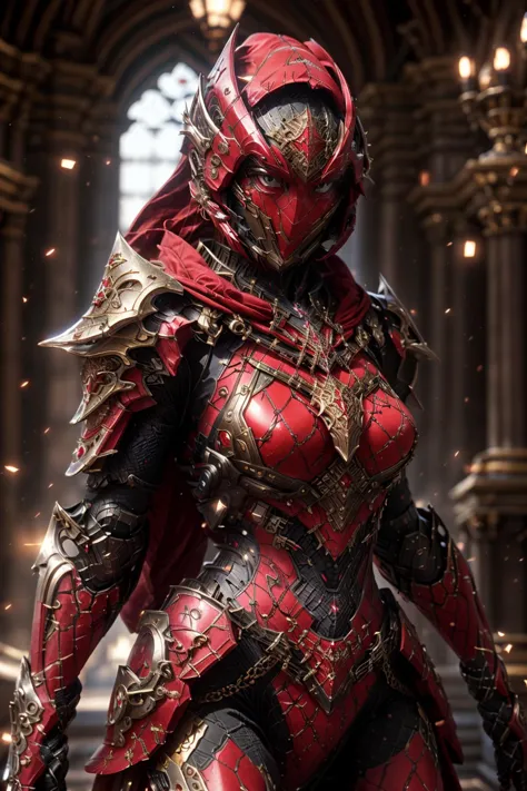 ((best quality)), absurdres, ((ultra high res)), a woman, armored suit, red suit, majestic, royal palace, extremely detailed, bright lighting, hyperrealistic, <lora:techsuit:0.7>