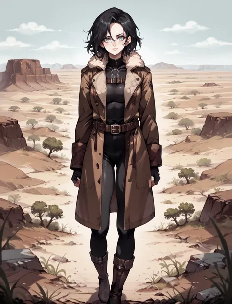 (score_9_up, score_8_up), score_7_up, 1girl, portrait of a girl, Black hair,wearing a brown leather coat, fur, belt, fingerless gloves, boscoat,black tight jumpsuit, fur collar, long coat, long combat boots,  half body, Walking away from the camera, looking at viewer, wasteland desert, 