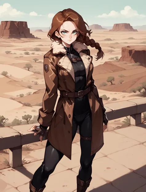 (score_9_up, score_8_up), score_7_up, 1girl, portrait of a girl, Reddish-brown hair,single braid hair, wearing a brown leather coat, fur, belt, fingerless gloves, boscoat,black tight jumpsuit, fur collar, long coat, long combat boots,  half body, Leaning on a wall with one leg bent looking contemplative, looking at viewer,wasteland desert, 