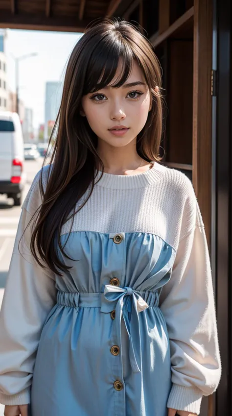 a woman in a blue dress standing on a sidewalk